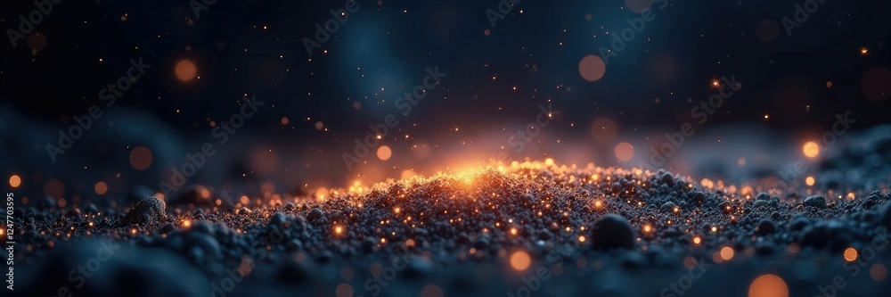 Obraz premium Glittering star dust settles on a black surface in the silence of the universe, shimmering, falling