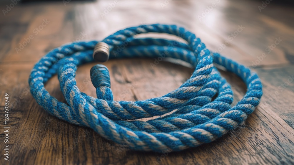 Obraz premium Coiled Blue and White Rope on a Wooden Surface, Nautical Theme