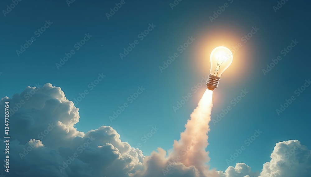 Fototapeta premium Creative light bulb rocket launch into sky. Innovative idea concept. Inspiration for new solutions. Futuristic vision. Bright idea soaring high. Reaching for goals. Bright light bulb. Powering