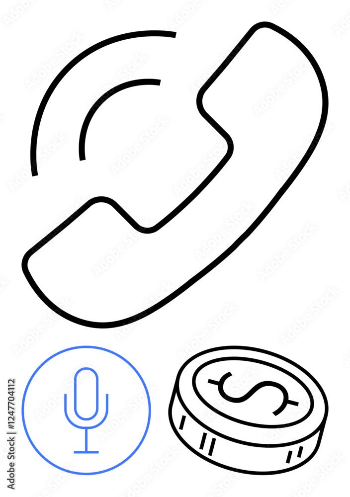 Phone receiver with sound waves, microphone, and coin with dollar sign. Ideal for financial services, customer support, telecommunication, technology, audio recording mobile apps business. Line Phone receiver with sound waves, microphone, and coin with dollar sign. Ideal for financial services, customer support, telecommunication, technology, audio recording mobile apps business. Line