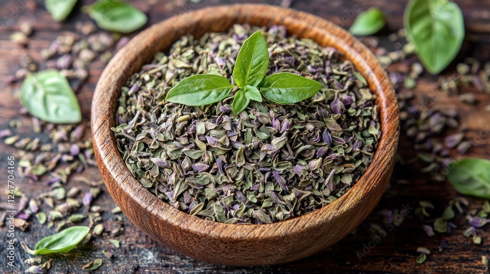 Dried basil in wooden bowl, fresh leaves, dark wood background, cooking ingredient Dried basil in wooden bowl, fresh leaves, dark wood background, cooking ingredient