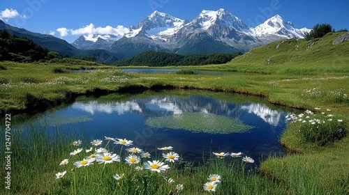 Mountain lake reflection, wildflowers, peaceful alpine scenery. Possible use Stock photo for nature, travel, or wallpaper photo