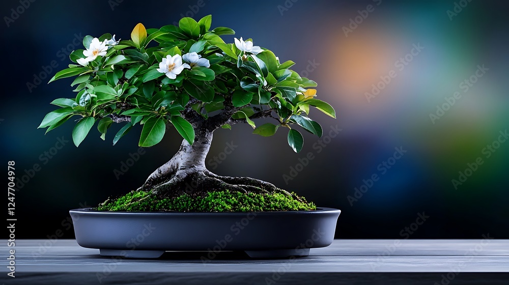 A beautifully arranged bonsai tree with white flowers on a dark background, symbolizing tranquility A beautifully arranged bonsai tree with white flowers on a dark background, symbolizing tranquility