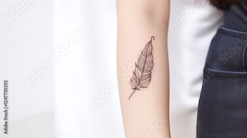 Close-up of a woman's forearm with a delicate feather tattoo.  The tattoo is a simple, minimalist design in shades of gray.