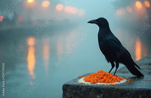 Black raven stands on offering of marigold flowers, rice near misty river. Spiritual ritual during Pitru Paksha festival. Ancestral respect, devotion. Indian cultural tradition. Religious observance photo