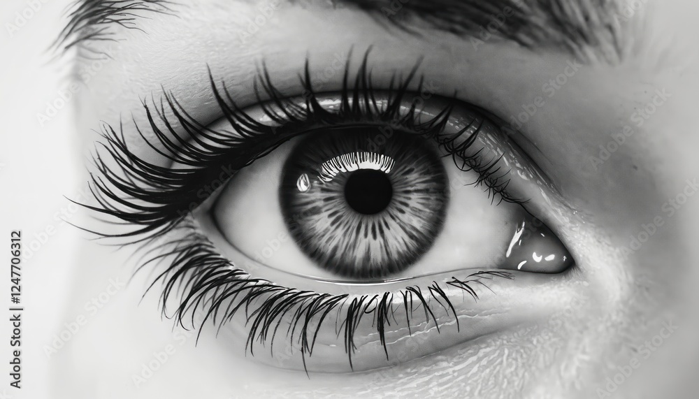 Fototapeta premium Close-up view of woman eye. Detailed illustration of iris pupil, eyelashes. Black, white watercolor, pencil drawing style. Macro eye view. Beauty, vision concept. Detailed human eye. Eyelash, skin