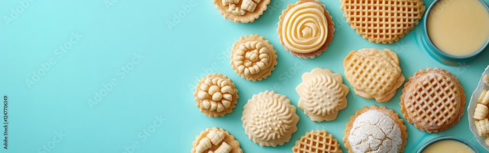 Assorted Handcrafted Pastries and Cookies Arranged on a Bright Blue Background with Decorative Swirls and Patterns for a Bakery or Dessert Theme