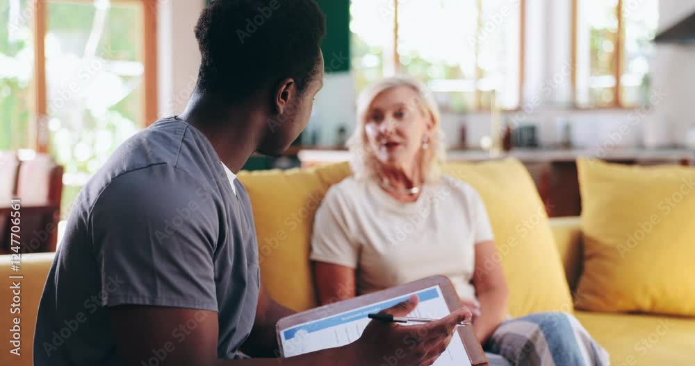 Nurse, senior woman and explanation with checklist on sofa for healthcare, communication or consultation in home. Caregiver, advice and talking to elderly person for help, support and medical results