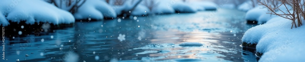 Snowflakes gently fall on the serene blue stream, serene, snow Snowflakes gently fall on the serene blue stream, serene, snow