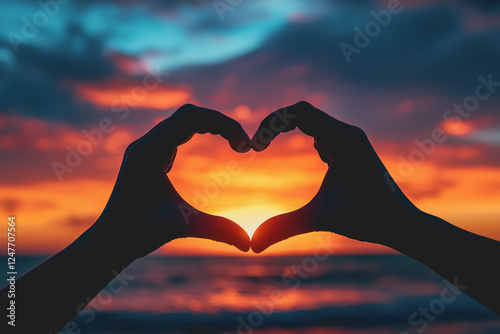 Two hands forming a heart shape with a sunset in the background creating a romantic and warm atmosphere in the evening sky