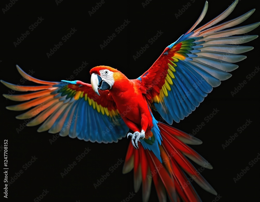 Fototapeta premium Scarlet macaw parrot soars through air. Vivid colors of wings, tail feathers shown against black background. Beautiful bird in flight. Parrot in mid-air. Exotic avian nature scene. Wildlife photo.