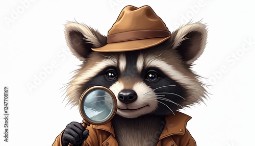 Funny raccoon detective wearing hat, goggles looks through magnifying glass. Curious animal investigates something. Cute illustration of wild animal in detective role. Isolated on transparent photo