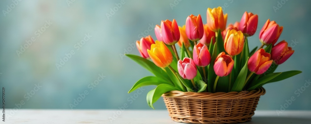 Obraz premium Tulip basket filled with colorful tulips and greenery, vases, tulips