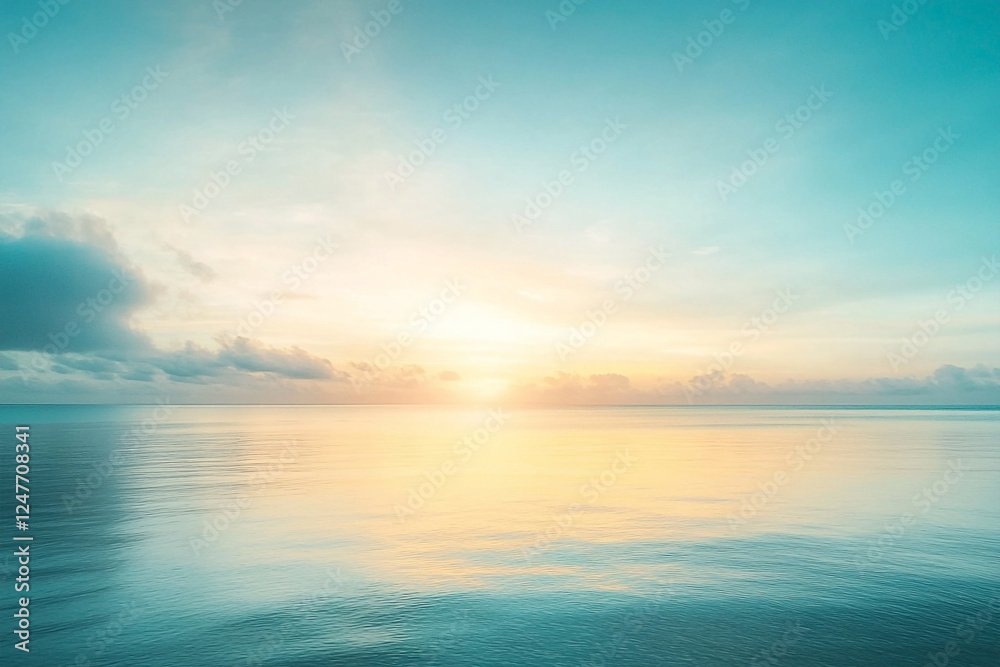A serene sunrise over a calm ocean, featuring soft hues of blue and gold reflecting on the water's surface A serene sunrise over a calm ocean, featuring soft hues of blue and gold reflecting on the water's surface