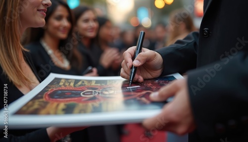 Celebrity signs poster for excited fans at movie premiere event. Person in suit signs memorabilia for enthusiastic crowd. Red carpet event interaction highlights film industry promotion. Fans eagerly