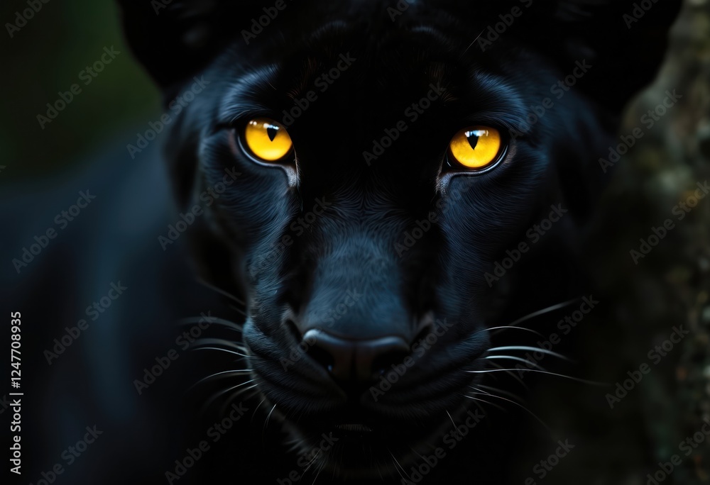 Close up view of black panther face at night. Yellow eyes glow intensely in dark. Wild animal features highlighted in macro shot. Predator in nature. Panther face shows focus and power.