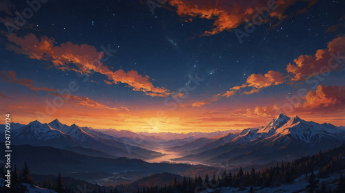 Snow Capped Mountain Peaks and Pine Forest Framed by Red Dusk Clouds and Sparkling Stars in the Twilight Sky Wallpaper Background Illustration Aesthetic
