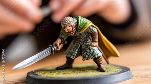 A focused individual meticulously painting a detailed miniature warrior figure on a wooden table photo