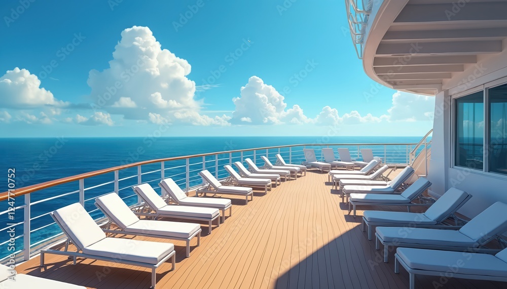 Obraz premium Cruise ship deck with lounge chairs under bright blue sky. Spacious wooden deck offers relaxing views of the ocean. Perfect for vacation or holiday. Luxurious ship features comfortable chairs.