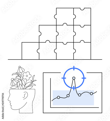 Head with blooming flowers symbolizing creativity, stacked puzzle pieces for strategy, and line graph with focus point for data analysis. Ideal for innovation, teamwork, planning, problem-solving