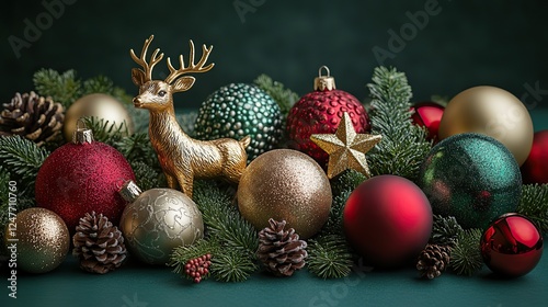 A Christmas decorations concept A top view photo of reindeer and star ornaments, along with gold, green, and red baubles, arranged on an isolated green background.