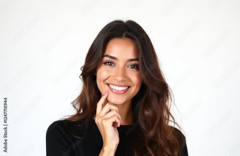 Young woman smiles warmly at camera. Brunette with wavy hair touches chin thoughtfully. Elegant beauty portrait against white backdrop. Perfect skin, radiant smile. Ideal for fashion beauty content Young woman smiles warmly at camera. Brunette with wavy hair touches chin thoughtfully. Elegant beauty portrait against white backdrop. Perfect skin, radiant smile. Ideal for fashion beauty content