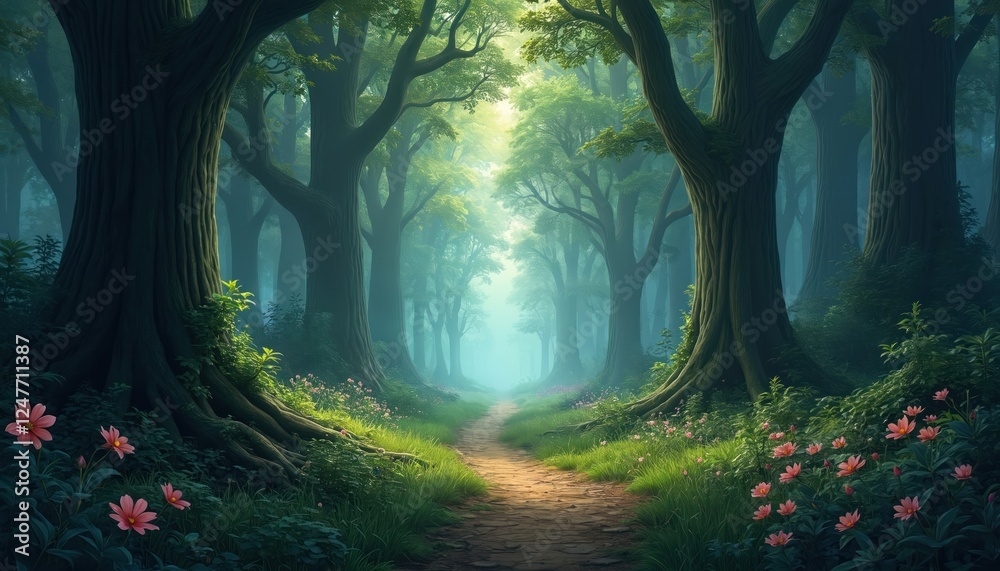 Naklejka premium Enchanted forest path. Sunlight filters through tall trees. Vegetation. Pink flowers along pathway. Mystical, dreamy landscape. Adventure, fairy tale themes. Perfect background for nature, fantasy
