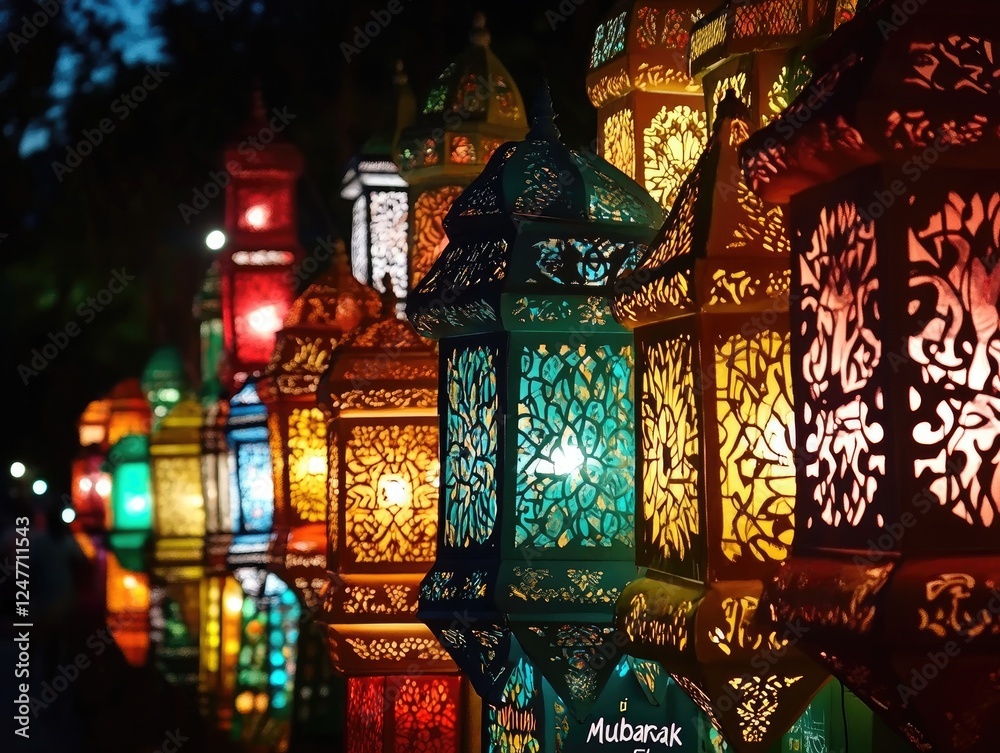 Obraz premium Illuminated Lanterns: A Vibrant Display of Ramadan Mubarak Decorations