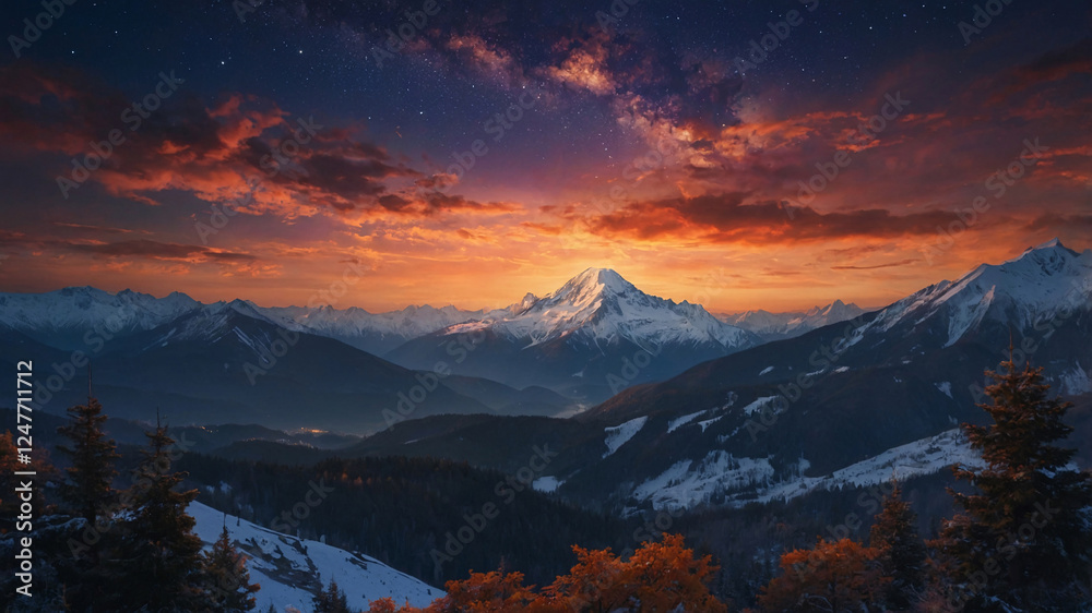 Obraz premium Enchanting Mountain Peaks Surrounded by Snow Laden Pines Under a Red Sky with Clouds and Glittering Stars Above Wallpaper Background Illustration Aesthetic