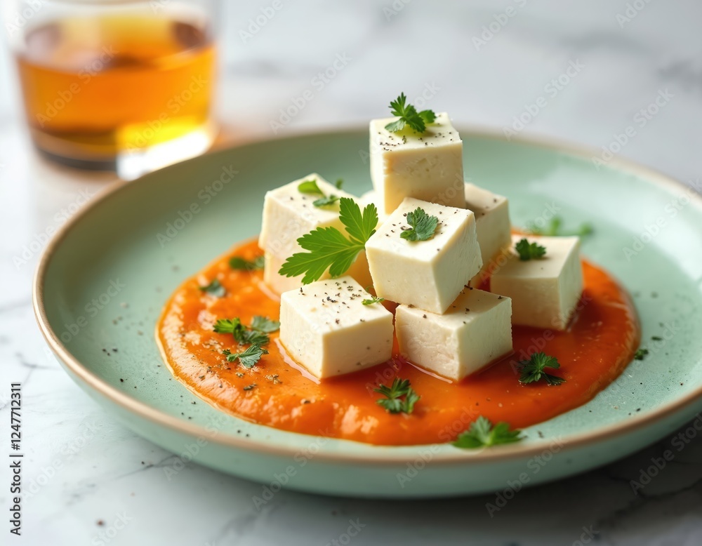 Delicious paneer cubes served on plate with vibrant orange sauce. Fresh herbs garnish dish. Top view isolated on white background. Perfect for quick appetizer light dinner. Dish Indian cuisine, Delicious paneer cubes served on plate with vibrant orange sauce. Fresh herbs garnish dish. Top view isolated on white background. Perfect for quick appetizer light dinner. Dish Indian cuisine,