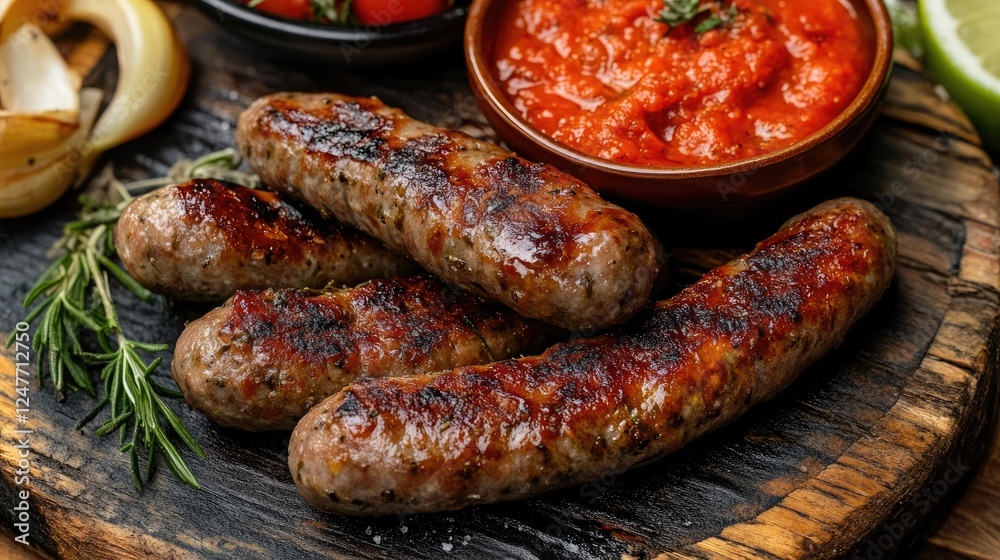 Delicious Grilled Sausages with Tomato Sauce on a Rustic Wooden Board Delicious Grilled Sausages with Tomato Sauce on a Rustic Wooden Board