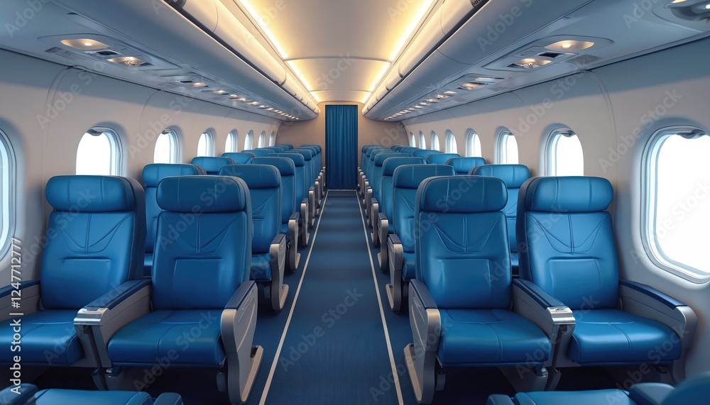 Empty airplane seats inside small regional jet. Modern blue seats in neat rows. Compact layout shows personal space. Interior view of commercial airliner cabin. Passenger seats with modern design. Empty airplane seats inside small regional jet. Modern blue seats in neat rows. Compact layout shows personal space. Interior view of commercial airliner cabin. Passenger seats with modern design.