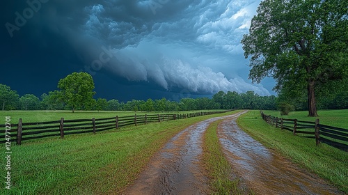 Rural road under stormy sky, leading to a field. Possible use for nature-themed travel brochure photo