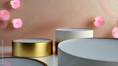 Three gold and white pedestals arranged in a row. The pedestals are placed on a white surface, and they are surrounded by pink flowers. Scene is elegant and sophisticated, with the gold