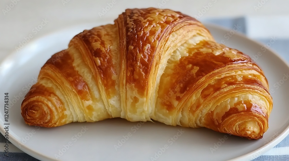 A close-up of a single croissant on a white plate A close-up of a single croissant on a white plate