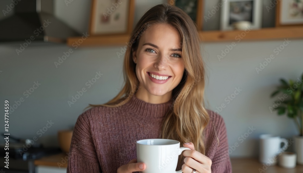 Smiling woman holds coffee cup in home kitchen. Relaxed lifestyle moment. Positive emotion. Cozy atmosphere. Morning break casual time. Woman looks happy. Enjoying hot drink. Beautiful lady. Home Smiling woman holds coffee cup in home kitchen. Relaxed lifestyle moment. Positive emotion. Cozy atmosphere. Morning break casual time. Woman looks happy. Enjoying hot drink. Beautiful lady. Home