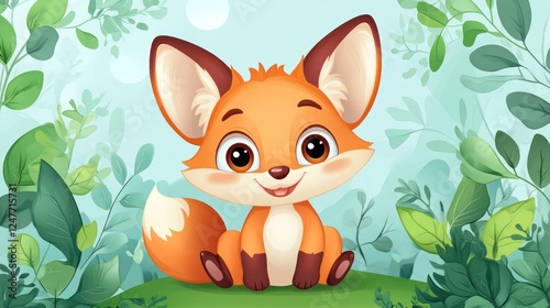 Cute fox kit sitting in lush foliage, happy expression, nature background, children's book illustration photo