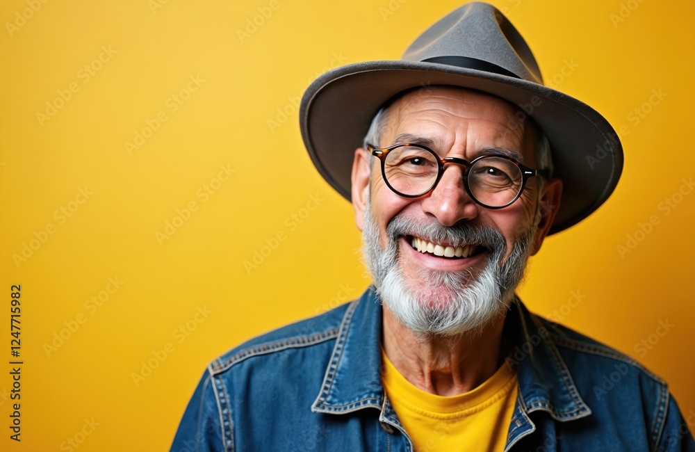 Cheerful senior man smiles warmly. Wears stylish hat, glasses against bright yellow background. Happy expression, casual attire show positive attitude, modern style. Photo captures feeling of joy, Cheerful senior man smiles warmly. Wears stylish hat, glasses against bright yellow background. Happy expression, casual attire show positive attitude, modern style. Photo captures feeling of joy,