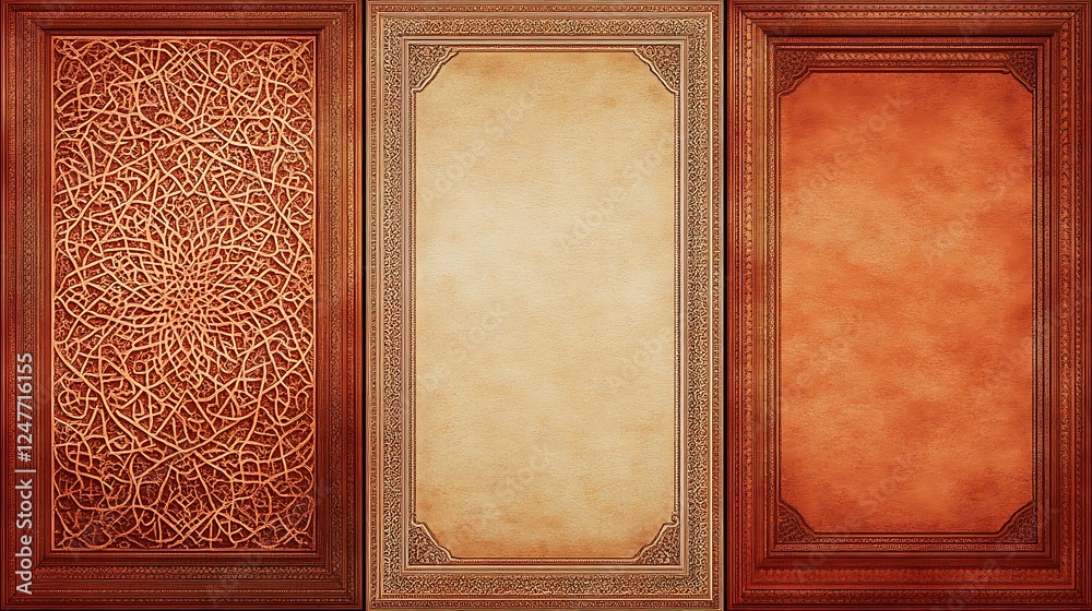 Fototapeta premium Three ornate wooden panels with intricate designs and blank spaces