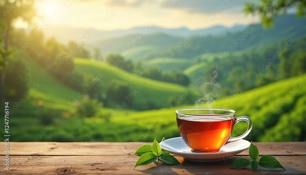 Scenic view of tea cup filled with hot green tea on wooden table in tea plantation. Steam rising from cup. Fresh green tea leaves placed on table next to tea cup. Tea plantations in background with Scenic view of tea cup filled with hot green tea on wooden table in tea plantation. Steam rising from cup. Fresh green tea leaves placed on table next to tea cup. Tea plantations in background with