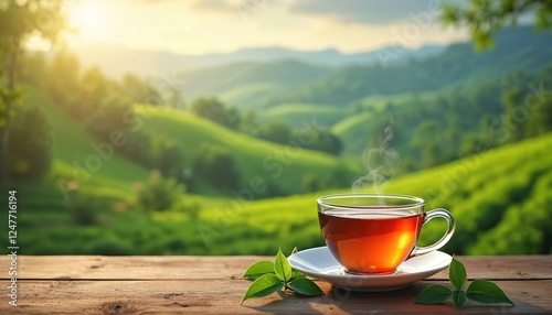 Scenic view of tea cup filled with hot green tea on wooden table in tea plantation. Steam rising from cup. Fresh green tea leaves placed on table next to tea cup. Tea plantations in background with