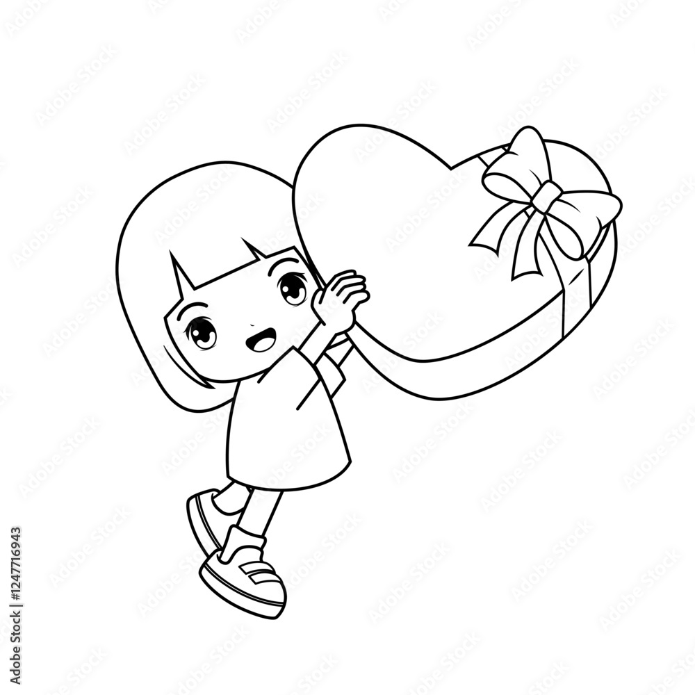 Valentine Day Coloring Page with cute girl Valentine Day Coloring Page with cute girl