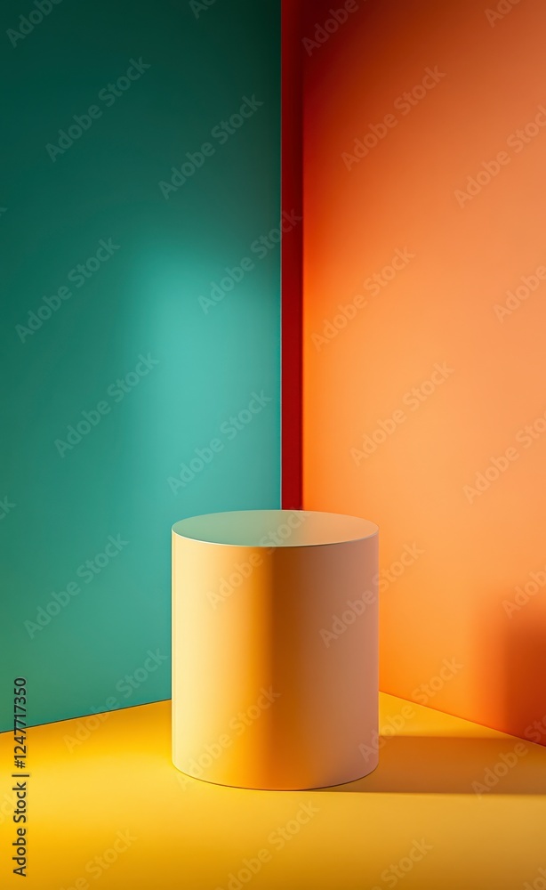 Colorful Geometric Background with Round Display Table in Studio Colorful Geometric Background with Round Display Table in Studio