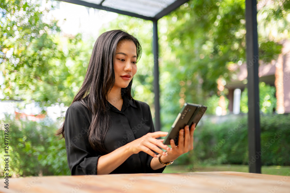 Obraz premium A woman is sitting at a table with a tablet in front of her