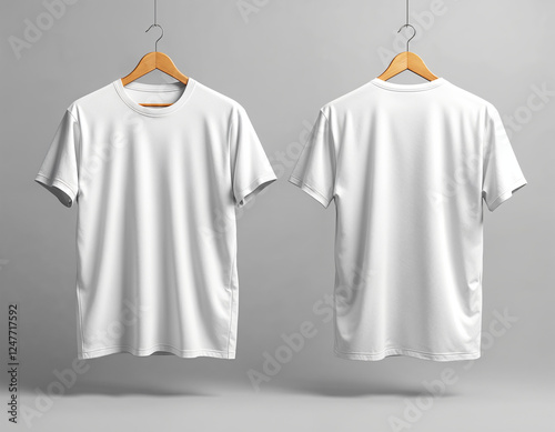Minimalistic white and black t-shirts on wooden hangers, displayed on a neutral background for apparel branding mockups.