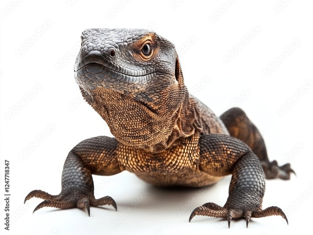 Obraz premium Majestic Komodo Dragon Stares Intensely on a Clean White Background