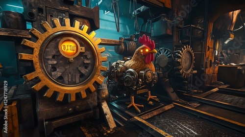 Clockwork Chicken Fantasy – A steampunk-inspired mechanical chicken with brass gears, glowing eyes, and intricate clockwork details, standing in a futuristic workshop