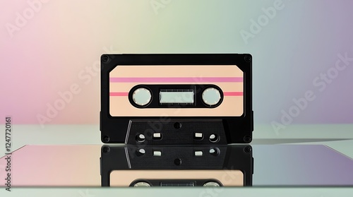 Vintage audio cassette tape with pink and beige label on a reflective surface, symbolizing retro music, nostalgia, analog sound, and 80s and 90s pop culture on a pastel background

