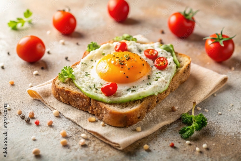 Delicious fried egg on avocado toast garnished with cherry tomatoes and herbs Delicious fried egg on avocado toast garnished with cherry tomatoes and herbs