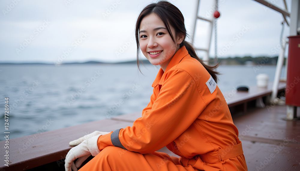 Smiling asian offshore worker in orange jumpsuit - Skilled labor for marine engineering projects Smiling asian offshore worker in orange jumpsuit - Skilled labor for marine engineering projects